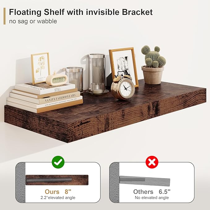 12" Deep Rustic Brown Floating Shelves,Over Toilet Long Wall Mounted Modern Farmhouse 36 inches,Wall Shelves with Invisible Brackets for Bedroom, Bathroom, Living Room, Kitchen, Set of 1-CasaMuseHome