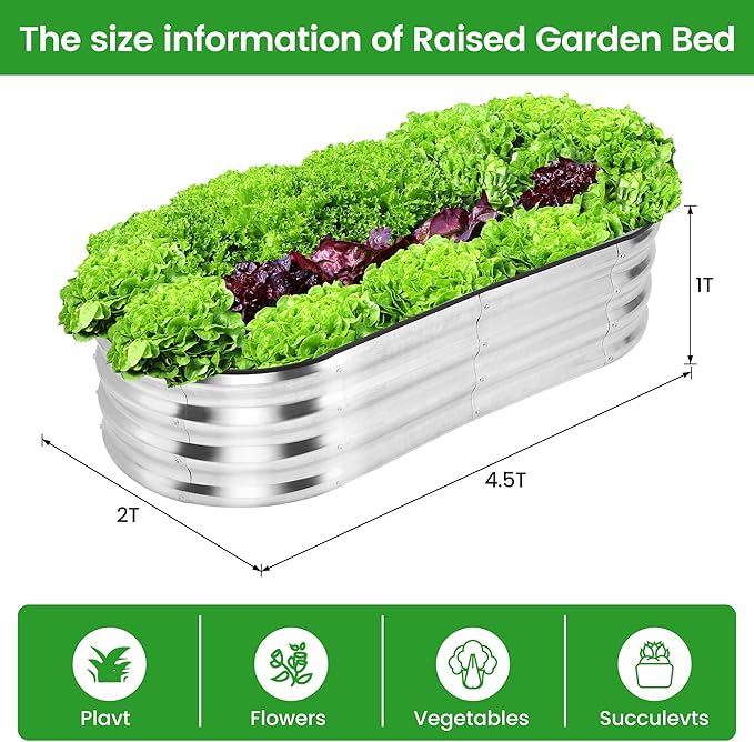 2 Pcs 4.5x2x1ft Oval Raised Garden Bed, Galvanized Raised Beds,Open-Ended Base Metal Raised Planter Beds,Planter Raised Boxes for Vegetables, Flowers,Tool-Free Asse,Rubber Edge-CasaMuseHome