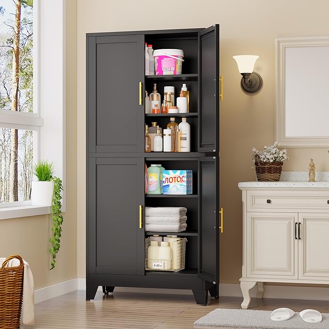 75.2" Tall Metal Pantry Cabinet, Storage Cabinets with 4 Door and 4 Adjustable Shelves, Black Kitchen Pantry Storage Cabinet, Freestanding Cupboard for Kitchen Dining Room Living Room Bathroom-CasaMuseHome
