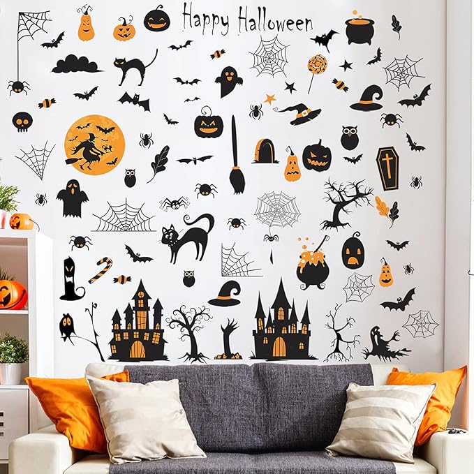 84 PCS Window Clings - Halloween Wall Stickers for Living Room, Pumpkins, Castles, Bats, Cats, Vampire, Witch Stickers, Household Decorative Murals, Party Supplies-CasaMuseHome