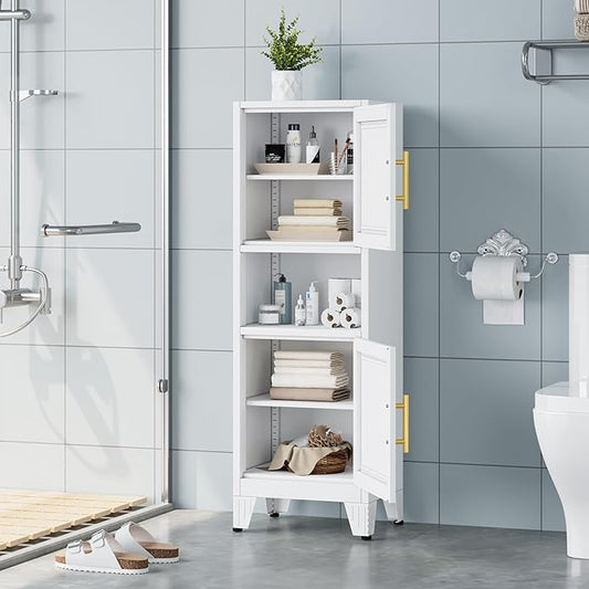 47.24" H Metal Narrow Bathroom Storage Cabinet Pantry Storage Cabinet, 2 Adjustable Shelves for Kitchen, Home Office, Living Room, Dinning Room (White)-CasaMuseHome