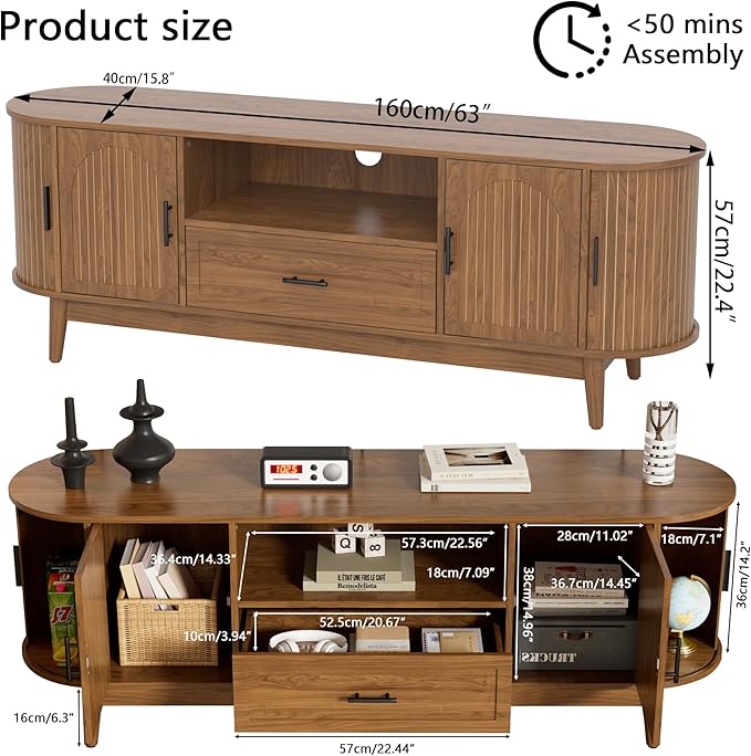 63" Fluted TV Stand for Tvs up to 70", Mid-Century Modern Entertainment Center with Drawers and Fluted Doors, Curved TV Media Console Table with Sliding Doors for Living Room, Bedroom (63")-CasaMuseHome