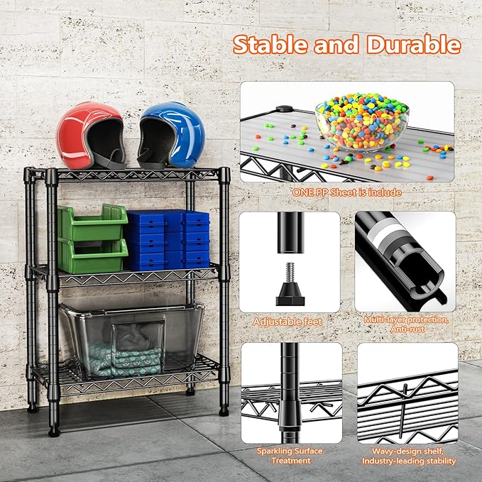 750 lbs 3 Tier Shelf Metal Storage Shelves Wire Rack Closet Organizers with PP Board for Garage Kitchen Bathroom Laundry Black 11.8" D x 21.7" W x 28.6" H-CasaMuseHome