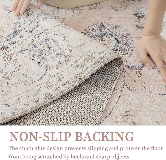 2'x3' Vintage Floral Rug - Persian Inspired Low-Pile Faux Wool Area Rug, Non-Slip Washable Small Rug for Bedroom, Nursery, Dorm, Soft Pink Boho Chic Decor-CasaMuseHome