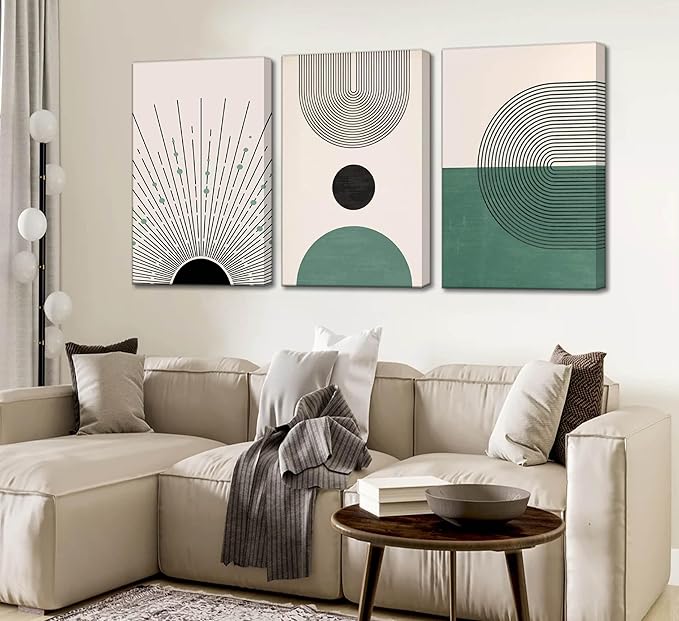 3 Pcs Sage Green Boho Canvas Wall Art Modern Abstract Minimalist Neutral Bohemian Sun Geometric Line Painting Picture Wall Decor Poster Print Artwork for Living Room Bedroom Home Decoration-CasaMuseHome
