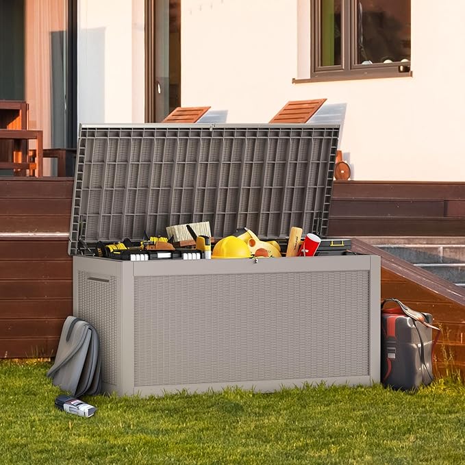 267 Gallon Deck Box Large Outdoor Storage for Patio Furniture,Outdoor Cushions,Garden Tools and Pool Supplies,Waterproof,Resin,Lockable(Grey Rattan)-CasaMuseHome