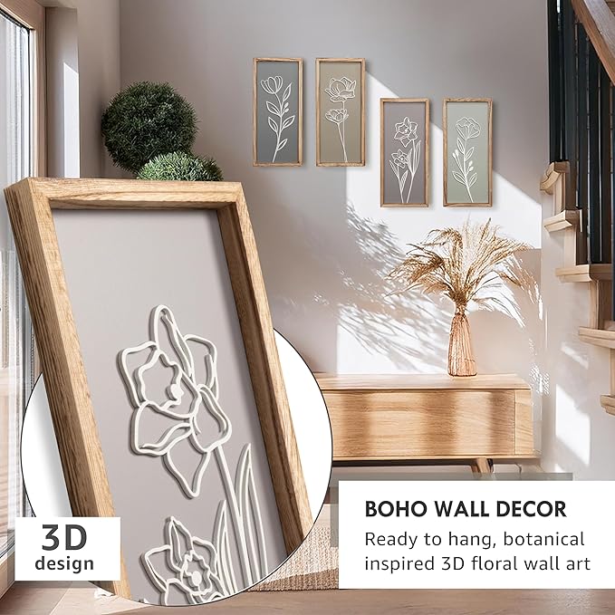 3D Wooden Floral Bathroom Wall Decor (Set of 4) Lightweight, Ready-to-Hang Framed Wall Art For Living Room, Bedroom, or Office - Premium Boho Botanical Farmhouse Decorations - Gift-Boxed-CasaMuseHome