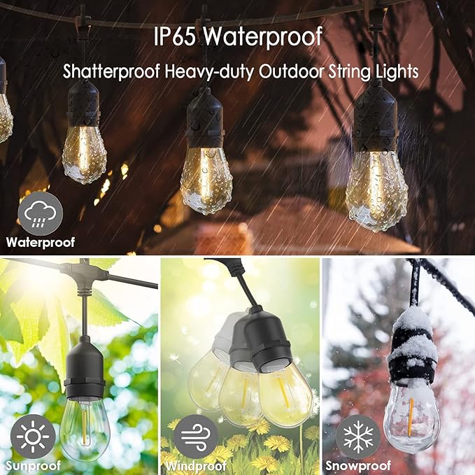 48FT Outdoor String Lights LED Heavy-Duty Waterproof Patio Lights with 16 Shatterproof Plastic 2200K Warm White Bulbs for Patio Gazebo Pergola Cafe Market Bistro-CasaMuseHome