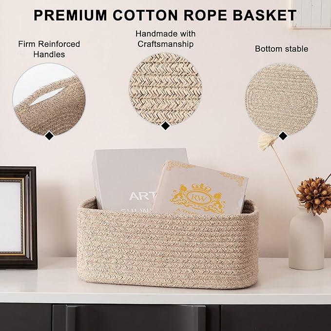 4 Pack Small Storage Shelf Baskets for Organizing, Mini Woven Rope Storage Bins for Towels, Cute Decorative Closet Organizer，Baby Nursery, Gift Empty Baskets -13.78''Lx9.84''Wx5.51''H-Brown-CasaMuseHome