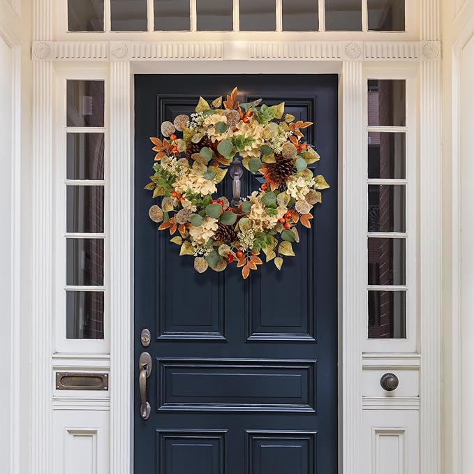 22 in Fall Hydrangea Wreath with Eucalyptus, Pinecones Orange Berries Perfect Autumn Door Wreath for Thanksgiving Harvest Decor - Rustic, Lifelike Durable for Indoor Outdoor Use-CasaMuseHome