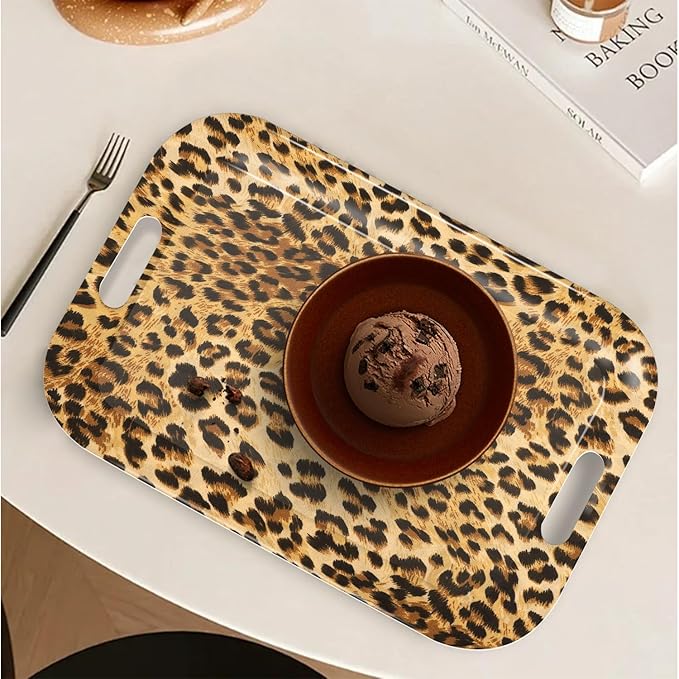 Serving Trays with Handles, 14.5 x 9.8 inch Rectangular Plastic Tray for Restaurant, Kitchen, Brown Leopard-CasaMuseHome