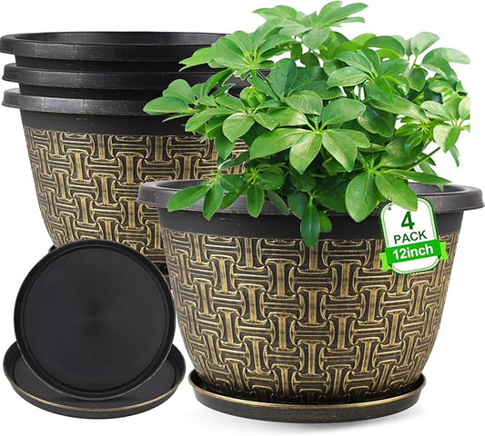 4 Pack 12 Inch Plant Pots,Large-Plant-Flower-Planters-Plastic, Flower Pots Outdoor Indoor with Drainage Holes & Trays, Retro Antique Imitation Decorative Garden Sets for Houseplants-CasaMuseHome