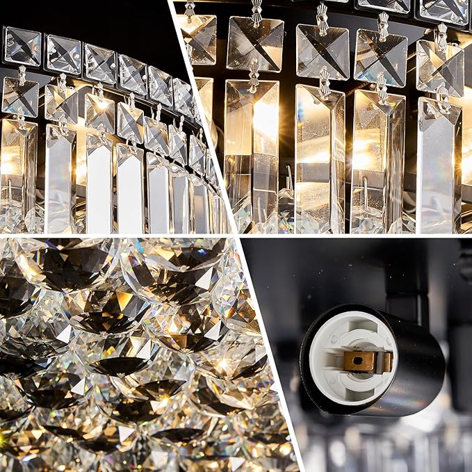 6-Lights Black Crystal Flush Mount Chandelier Light Fixture K9 Crystals Modern Ceiling Lights Elegant Pendant Lamp for Bedroom,Hallway,Bar,Living Room,Dining Room,H5.9 xW20 (Bulbs Not Included)-CasaMuseHome
