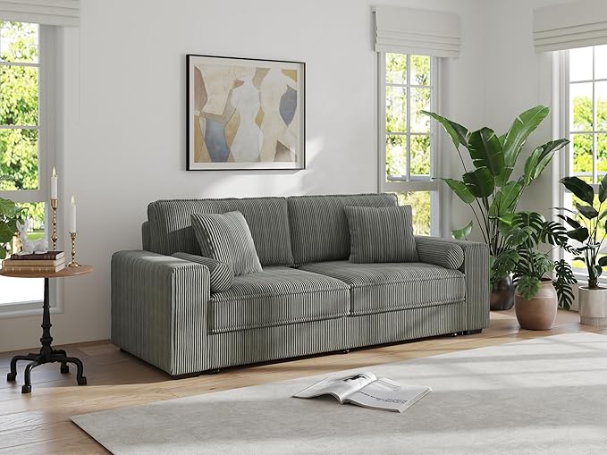 91-Inch Corduroy Pull Out Couch with Storage, Convertible Queen Sleeper Sofa with Pull Out Bed, Hide a Bed Couches for Bedroom, Guest Room, Apartment, Small Places, RV (Grey)-CasaMuseHome
