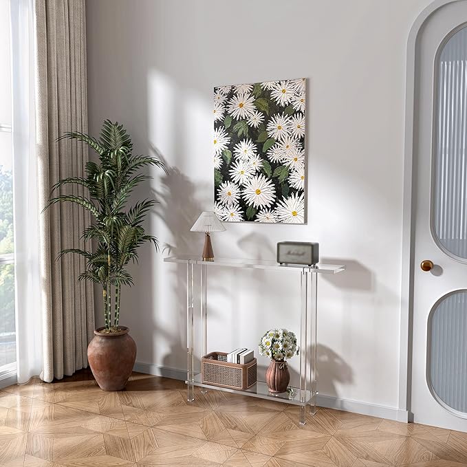 Acrylic Narrow Console Table for Entryway, 7.6" D x 39.4" W x 31.5" H, Square Legs, Skinny Entry Table for Sofa, Foyer, Hallway, Living Room, Modern, 2-Tier, Clear-CasaMuseHome