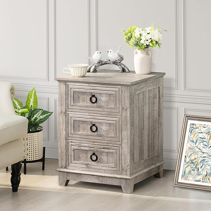18" Farmhouse Night Stand with 3 Drawers, Wood End Table Dresser for Bedroom, Retro Oak Nightstand, Bed Side Table with Metal Handle, Bedside Cabinet for Bedroom Living Room, Closet-CasaMuseHome