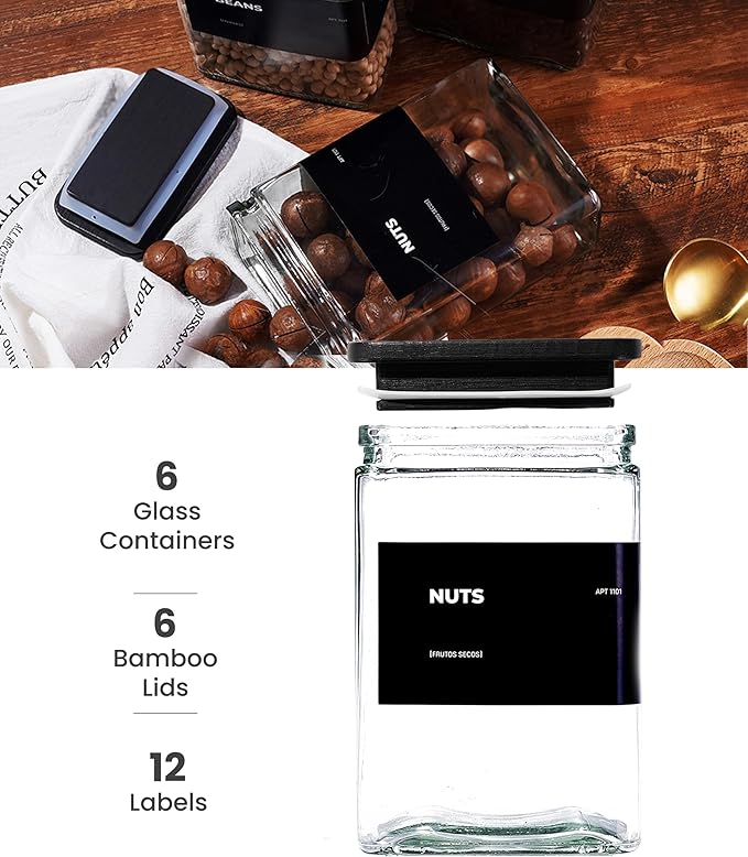 27 oz Glass Storage Jars with Bamboo Lid, set of 6, glass canisters with airtight lids, Clear jars with lids for Cookie, Candy, Tea, Coffee Bean and Rice, Black-CasaMuseHome