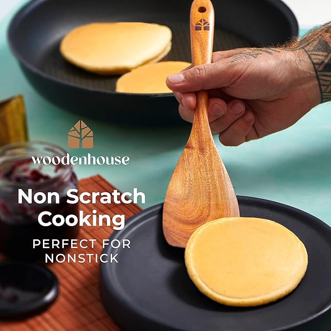 8 Pcs Teak Wooden Utensil Set with Holder, Spoon Rest & 6 Hooks - Durable Wooden Spoons for Cooking with Comfort Grip - Effortless Clean, Non-Stick Friendly-CasaMuseHome