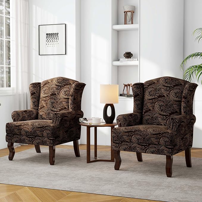 Accent Chair, High Back Upholstered Armchair with High Resilience Sponge & Wood Legs, Mid-Century Modern Comfy Single Sofa Reading Chairs for Living Room, Bedroom (Cranberry, Set of 2)-CasaMuseHome