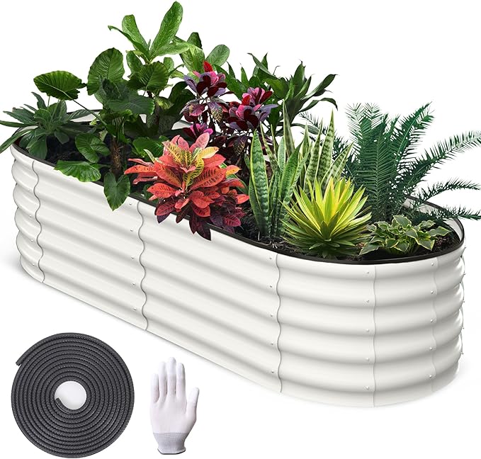 2 Pcs 6x3x1.5ft Oval Raised Garden Bed, Galvanized Raised Beds,Open-Ended Base Metal Raised Planter Beds,Garden Bed Outdoor,Planter Raised Boxes for Vegetables, Flowers,Tool-Free Asse,White-CasaMuseHome