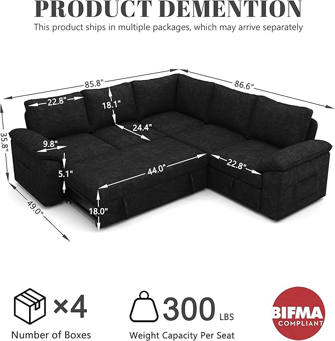 85 Inch Modular Sectional Sofa with Pull Out Bed,L Shaped 5 Seat Sectional Sleeper Sofa with Storage,Sectional Couches for Living Room,Cloud Modular Couch,Removable Sofa Cover,Black-CasaMuseHome