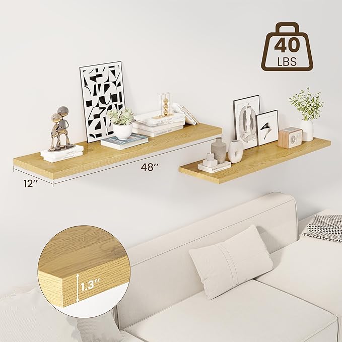 48" Floating Shelves for Wall, 12" Deep Slim Oak Floating Shelves, Wall-Mounted Shelves for Bedroom, Living Room, Kitchen, Bathroom - Set of 2-CasaMuseHome
