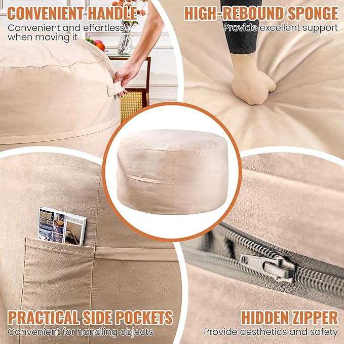 4FT Bean Bag Chair: Bean Bag with Velvet Cover, Fluffy and Comfy Bean Bag Chairs for Adults and Kids, Bean Bag Sofa Filled with High-Density Sponge for Gaming (Yellowish Beige)-CasaMuseHome