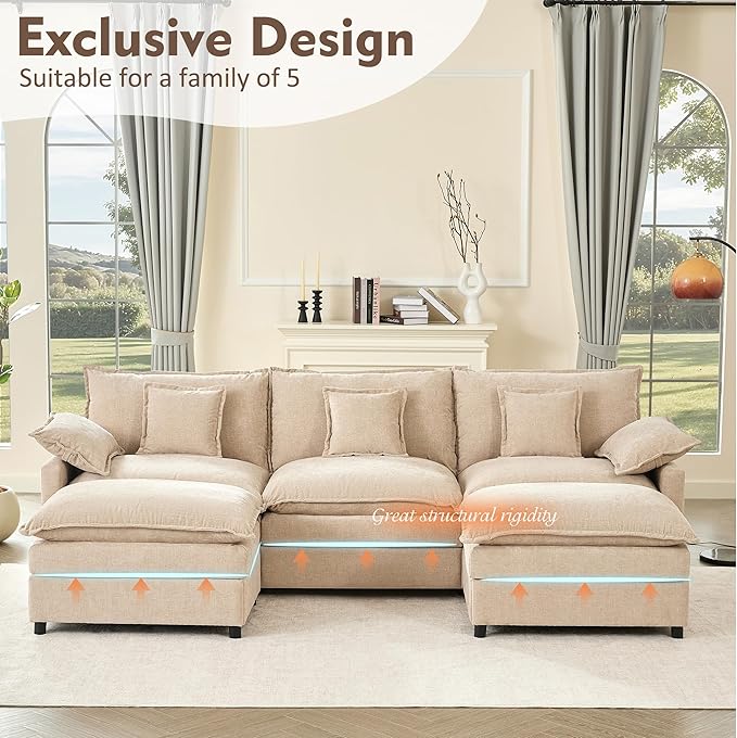 108" U Shaped Couch, Modular Sectional Sofa, 3-Seater Comfy Cloud Couch with Movable Ottoman, Deep Seat Couches for Living Room, Chenille, Flat White-CasaMuseHome