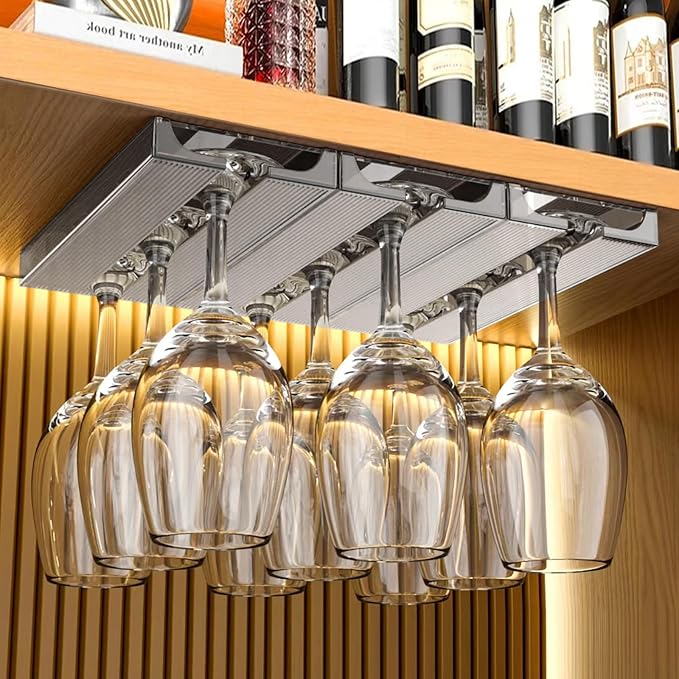 4 Pcs Wine Glass Holder Under Cabinet,Plastic Stemware Rack Punch-free Hanger Under Counter for Bar,Kitchen and Restaurant(Grey)-CasaMuseHome