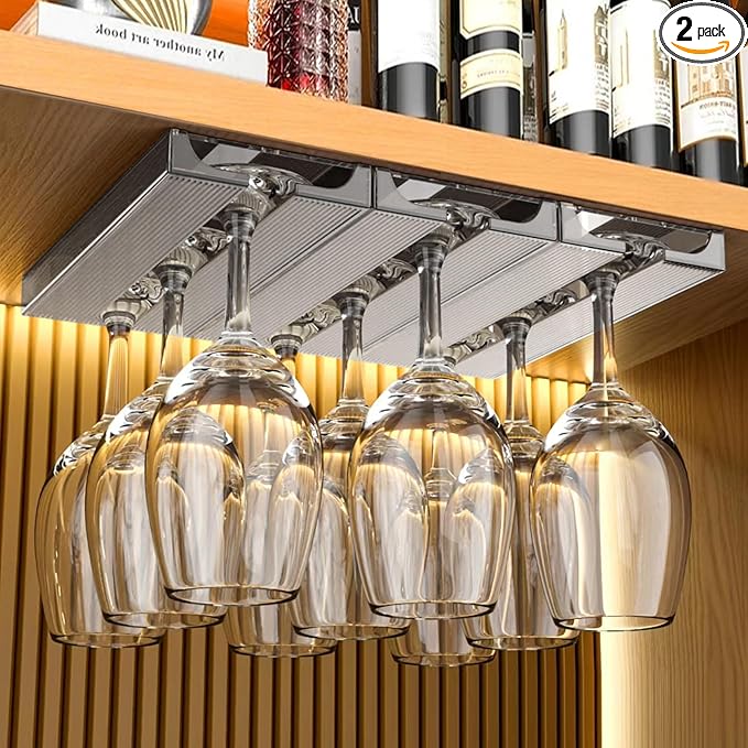 2 Pcs Wine Glass Holder,Stemware Rack Punch-free Hanging Under Cabinet for Bar,Kitchen and Restaurant (Grey)-CasaMuseHome