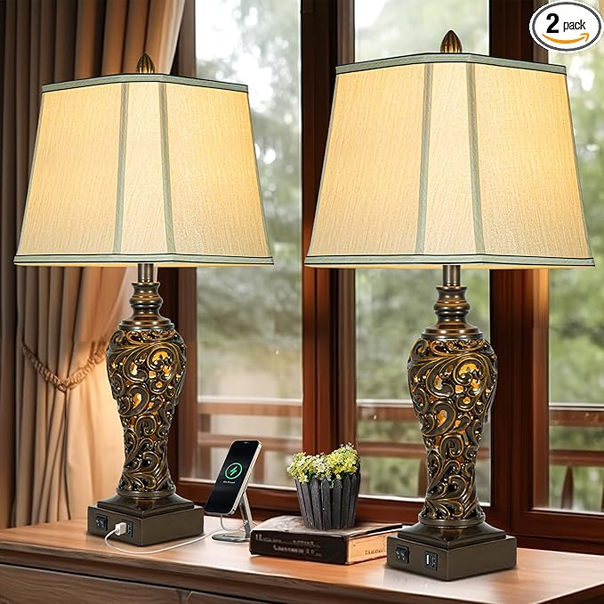 28.5" high Vintage Brown Table Lamps Set of 2 - Bedside Lamp with Faux Silk Shades - for Bedroom and Living Room with USB and Nightlight - Perfect for Nightstands and Bedrooms (Bulb Included)-CasaMuseHome