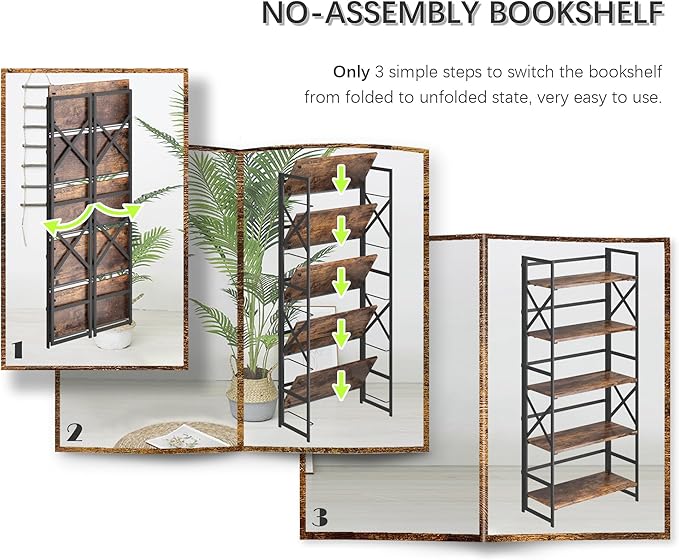 4NM 5 Tiers No Assembly Book Shelves, 51.2" H Folding Bookshelf Bookcase Open Industrial Foldable Shelves for Bedroom, Living Room, Home Office - Rustic Brown Black-CasaMuseHome