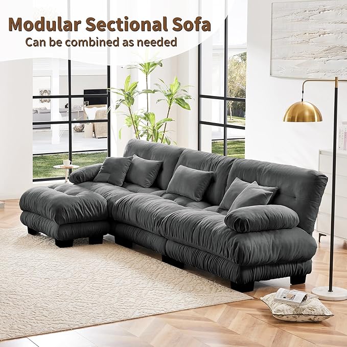 L Shaped Couch Sectional Couch, 3-Seater Cloud Couch Sectional Oversized Couch, Sofa Bed Couch with Round Bolster Armrests 5 Pillows, Modular Couch Home Sofa Living Room Couch(Gray)-CasaMuseHome