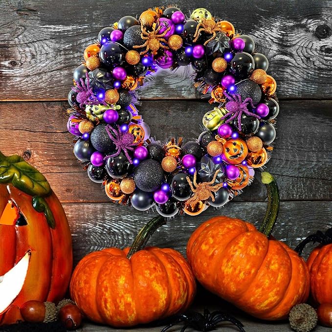 17 Inch Halloween Ball Wreath for Front Door with Lights, Lighted Cute Treat-or-Trick Door Wreath Ball Ornament for Halloween Indoor Decorations Centerpiece Party Holiday Wall Home Decor-CasaMuseHome
