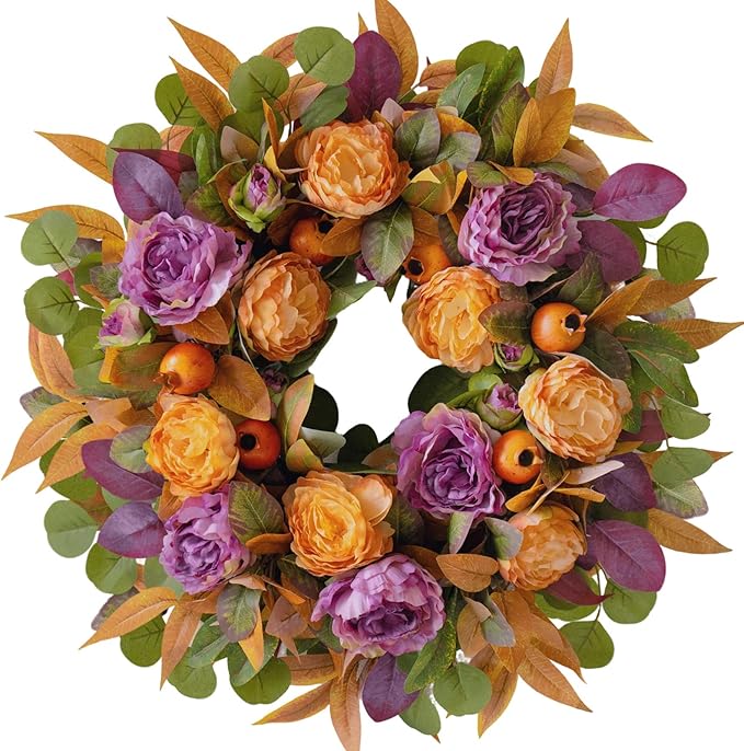 24 Inch Fall Wreath for Front Door - Autumn Wreath with Peony, Maple Leaves, Berries - Farmhouse Thanksgiving Halloween Decor for Porch, Front Door, Indoors & Outdoors - Rustic Harvest Home Decor-CasaMuseHome