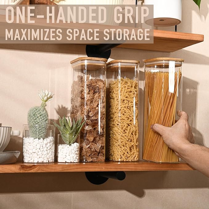 71oz Rectangle Airtight Glass Storage Containers with Bamboo Lids (Set of 3), Square Food Storage Jar, Pantry Organizers for Sugar, Flour, Spaghetti and Coffee beans (‎with Black Lable)-CasaMuseHome