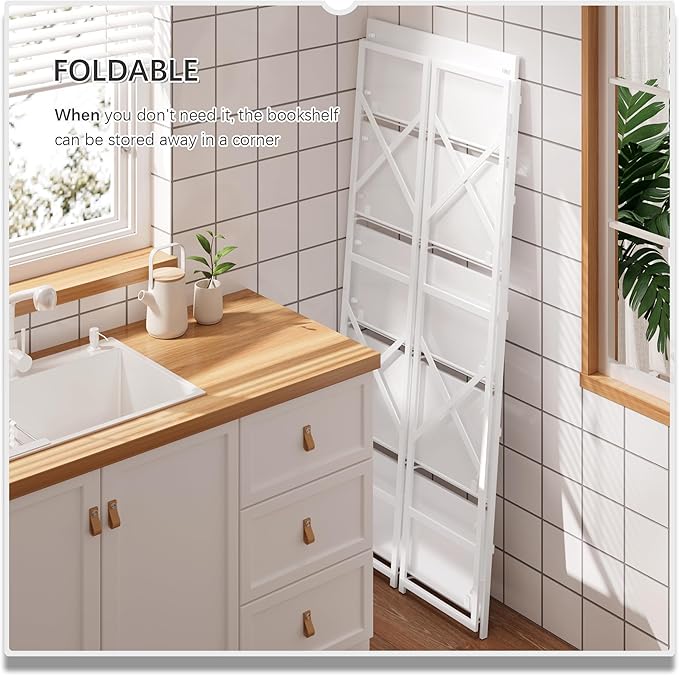 4NM 6 Tiers No Assembly Book Shelves, 61.8" H Folding Bookshelf Bookcase Open Industrial Foldable Shelves for Bedroom, Living Room, Home Office - All White-CasaMuseHome