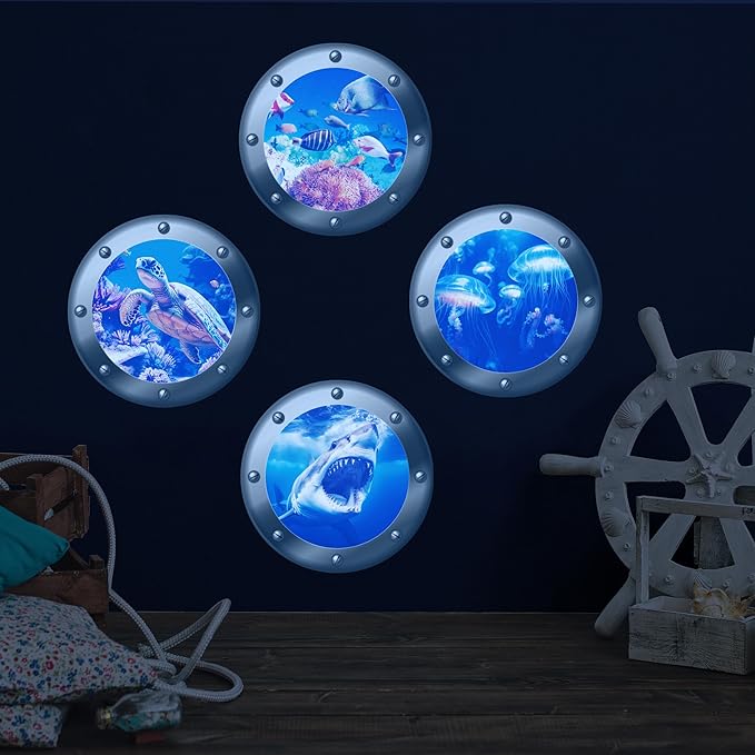 3D Ocean Animals World Wall Stickers Glow in The Dark, 4 Pcs Sharks Turtles Jellyfishs Removable Decals for Kids, Vinyl Stickers for Ceiling (Blue)-CasaMuseHome