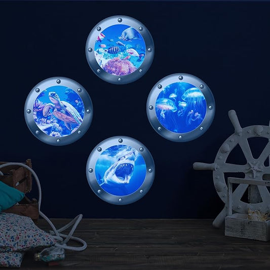 3D Ocean Animals World Wall Stickers Glow in The Dark, 4 Pcs Sharks Turtles Jellyfishs Removable Decals for Kids, Vinyl Stickers for Ceiling (Blue)-CasaMuseHome