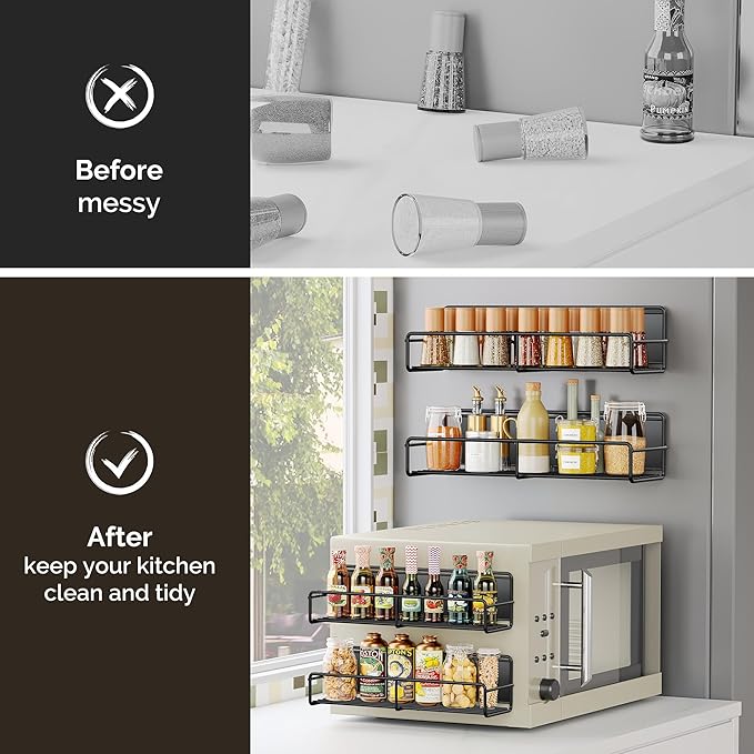 3 Pack Magnetic Spice Rack Organizer, Space Saver for Refrigerator and Whiteboard, Metal Fridge Shelf for Kitchen and Classroom, Black-CasaMuseHome