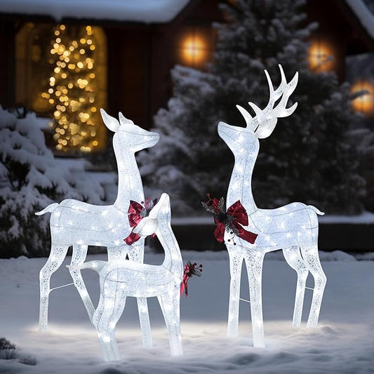 4.5FT Lighted Reindeer Family Set for Christmas Decoration, 3 Pieces Pre-Lit Iridescent Deer Xmas Decor with 200 LED Lights, 3D Glittered Standing Holiday Display for Outdoor, Indoor, White-CasaMuseHome