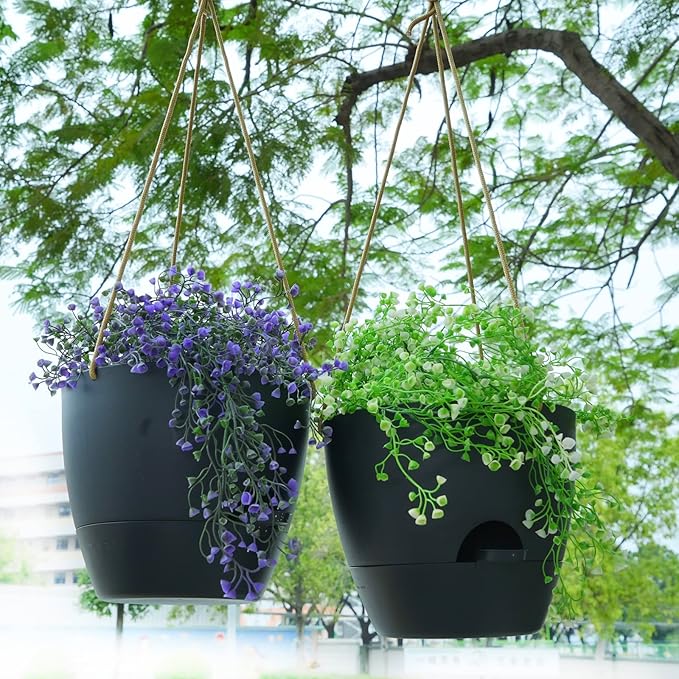 8 inch Hanging Planters, 2 Pack Self Watering Hanging Pots with 20oZ Deep Reservoir for Indoor Outdoor Plants Flowers, Black-CasaMuseHome