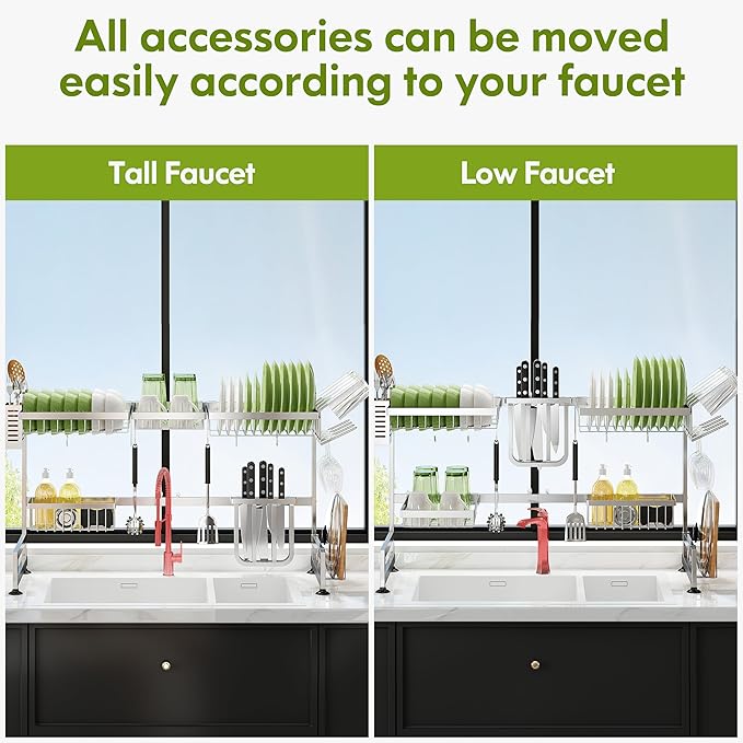 2 Tier Extra Large Stainless Steel Expandable Over The Sink Dish Drainer Drying Rack, Rust Proof Metal, Space Saving, Modern Silver Big Capacity Extendable Plate Strainers Above Kitchen Counter-CasaMuseHome