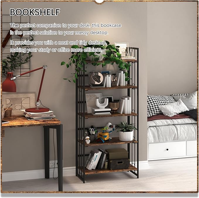 4NM No Assembly 5 Tiers Folding Bookshelf, 59.4" H Foldable Storage Shelves Vintage Bookcase Standing Racks Study Organizer Home Office - Rustic Brown Black-CasaMuseHome