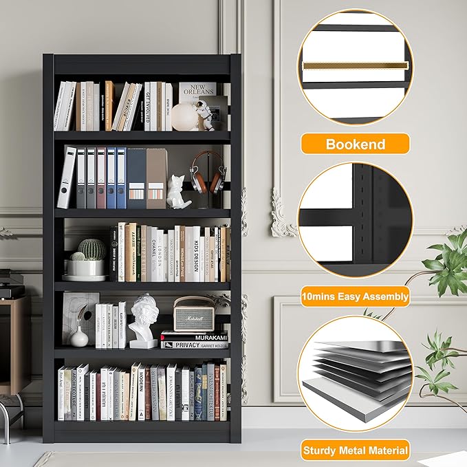 5 Tier Adjustable Black Bookcase, Metal Small Bookshelves and Bookcases, 61" H Display Modern Bookshelf for Living Rooms, Bedrooms, Home Offices, 10 Minutes Assemble-CasaMuseHome