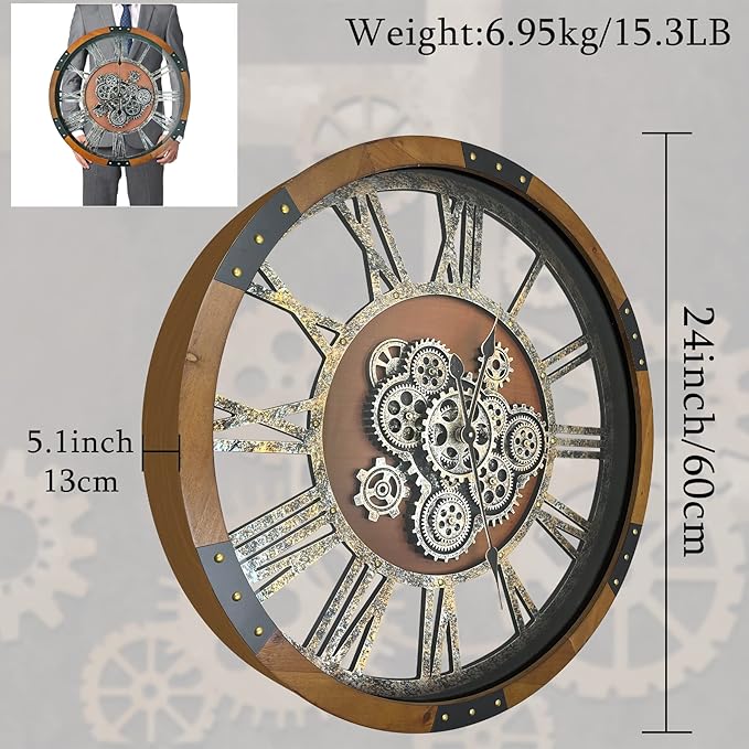 24 Inch Moving Gear Wall Clock, Oversized Wall Clocks, Clock Living Room Decor, Solid Wood Frame, Battery Operated, Large Wall Clock with Steampunk Industrial for Fireplace(Machilus)-CasaMuseHome