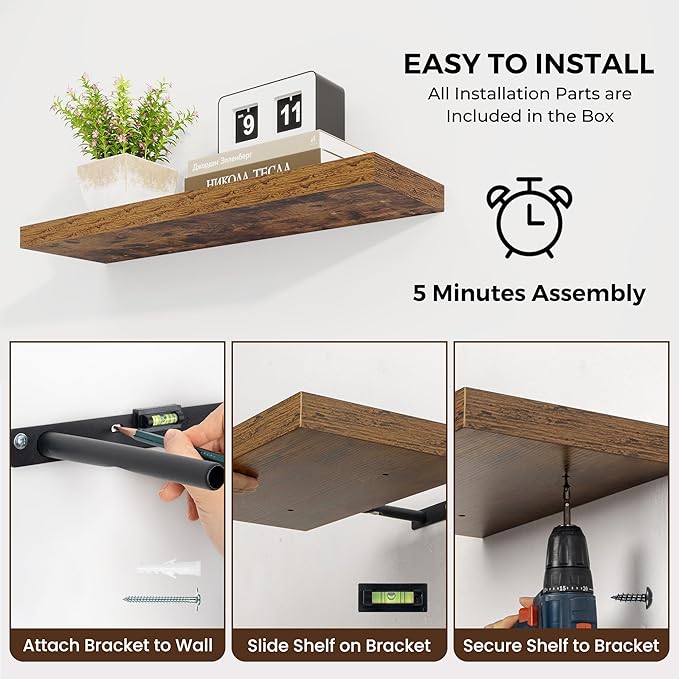 36 inch Floating Shelves Wall Shelves for Office with Invisible Brackets, 8 inch Deep Shelves for Bathroom, Living Room, Kitchen, Office, 36x7.9 inch deep Set of 2, Brown-CasaMuseHome