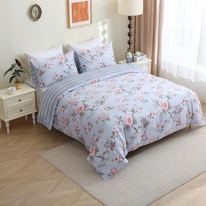 ABREEZE Floral Duvet Cover Queen Size Set Bird Flowers Bedding Set 100% Brushed Cotton Bedding Collection 1 Duvet Cover with 2 Pillowcases Grey-CasaMuseHome