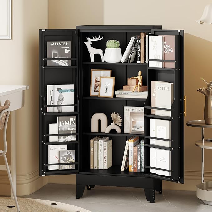 51" Metal Kitchen Pantry Cabinet, Storage Cabinets with 2 Door and 3 Adjustable Shelves, Black Freestanding Food Storage Cabinet, Steel Cupboard for Kitchen Dinning Room-CasaMuseHome