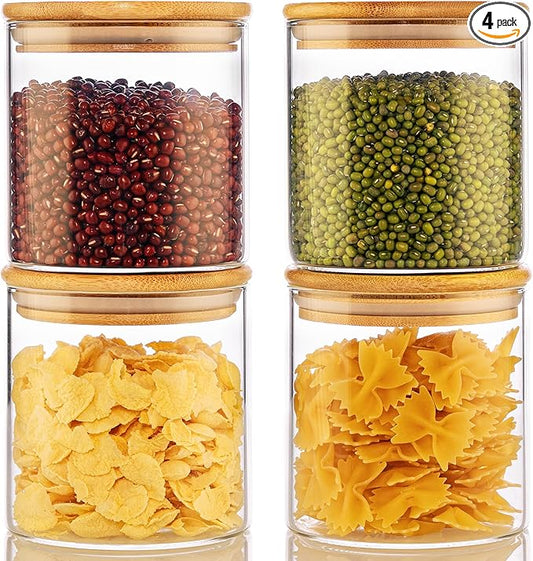 21oz - 4 Pack Glass Jars with Bamboo Lids, Glass Food Storage Containers with Airtight Lids, Air Tight Pantry Storage Containers for Coffee, Sugar, Spice, Meal Prep Jars for Salad & Fruit-CasaMuseHome